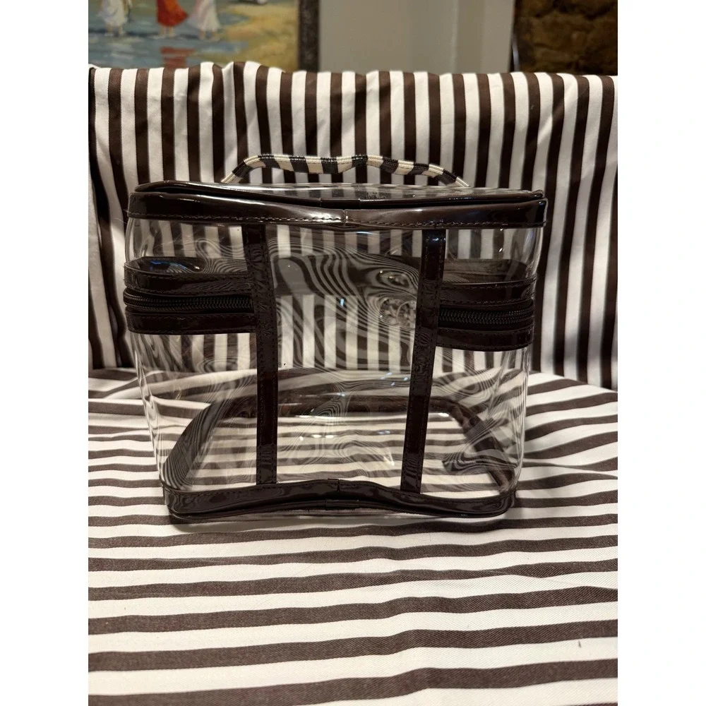 Henri Bendel Clear 3 Piece Cosmetic Case Set Brown White Striped Travel Bag